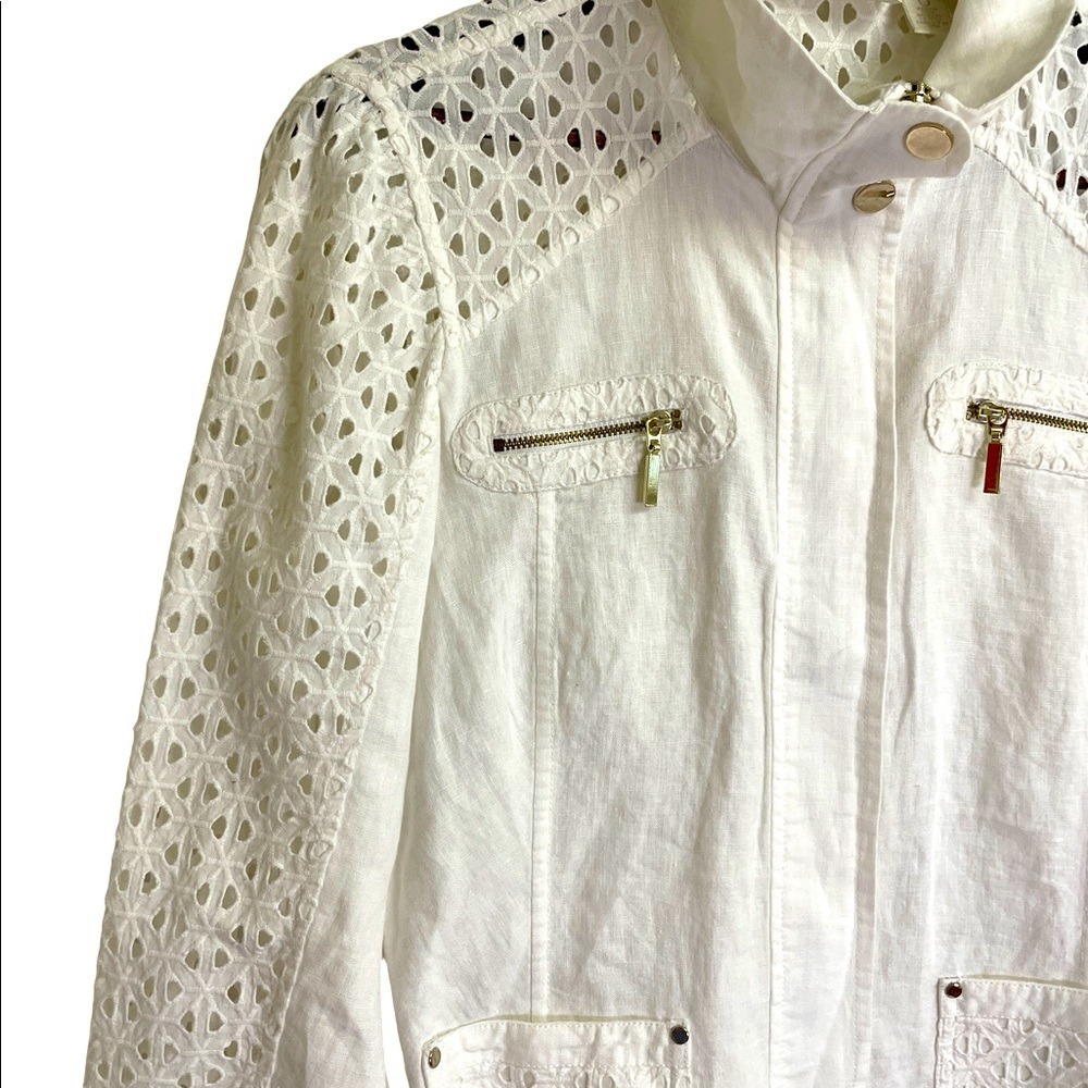 Chico's Linen Eyelet Jacket Women Size Small White Pockets - Picture 4 of 9